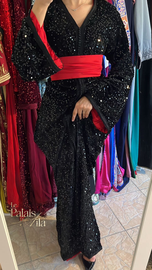 CAFTAN SEQUIN NOIR DOUBLÉ ROUGE