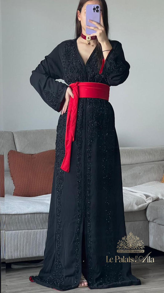 CAFTAN PERLÉ NOIR DOUBLÉ ROUGE