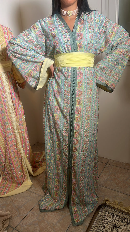 Caftan sari bleu doublé jaune