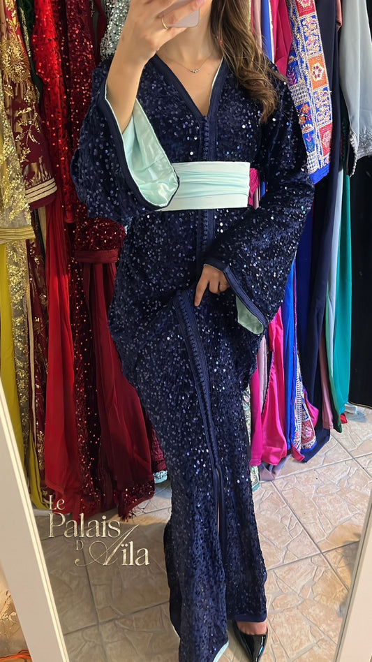 CAFTAN SEQUIN BLEU NUIT DOUBLÉ BLEU CIEL