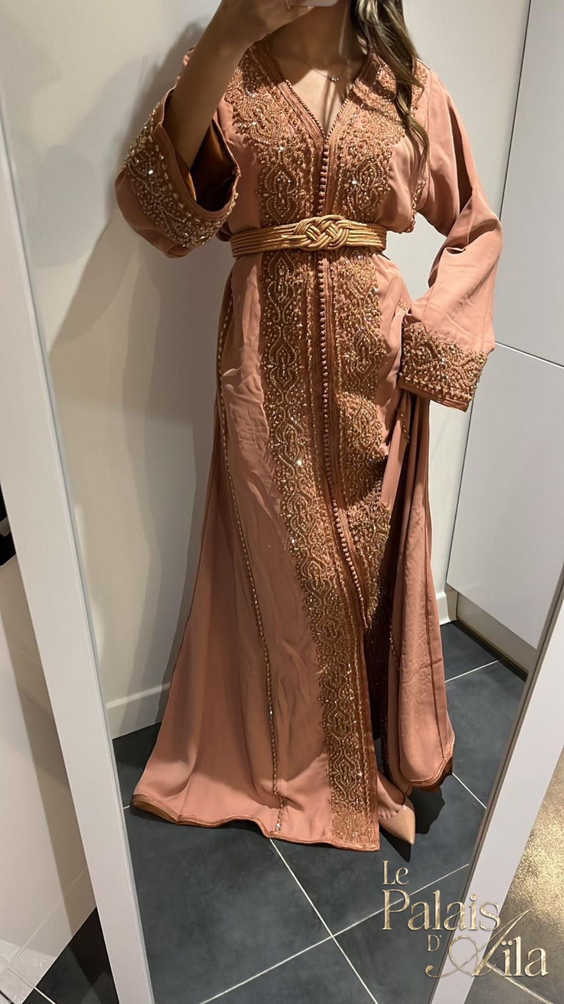 CAFTAN PERLÉ NUDE DOUBLÉ MARRON