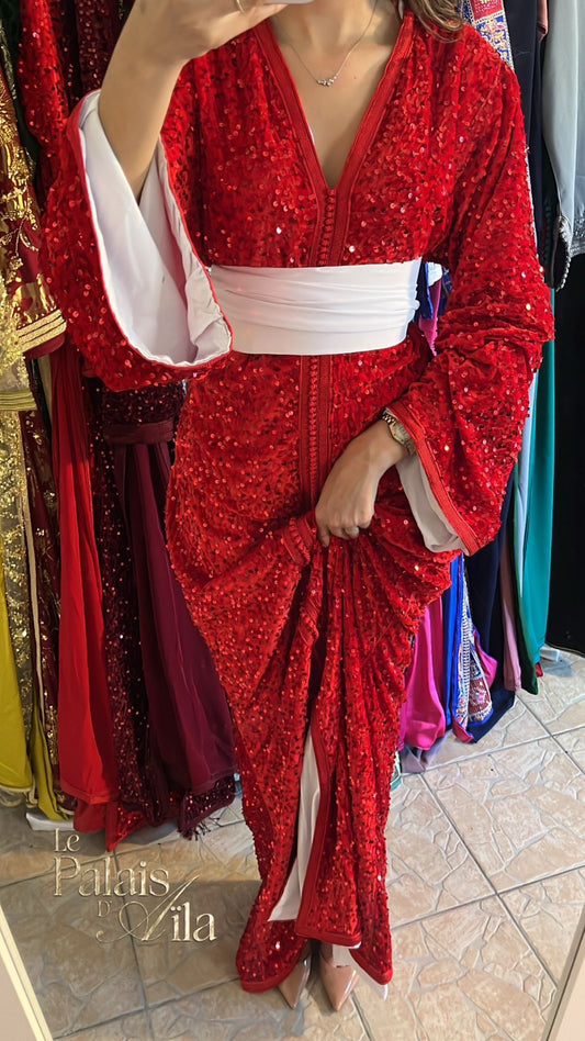 CAFTAN SEQUIN ROUGE DOUBLÉ BLANC