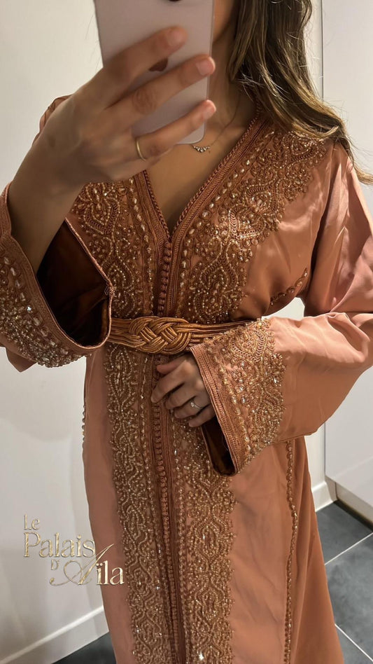 CAFTAN PERLÉ NUDE DOUBLÉ MARRON