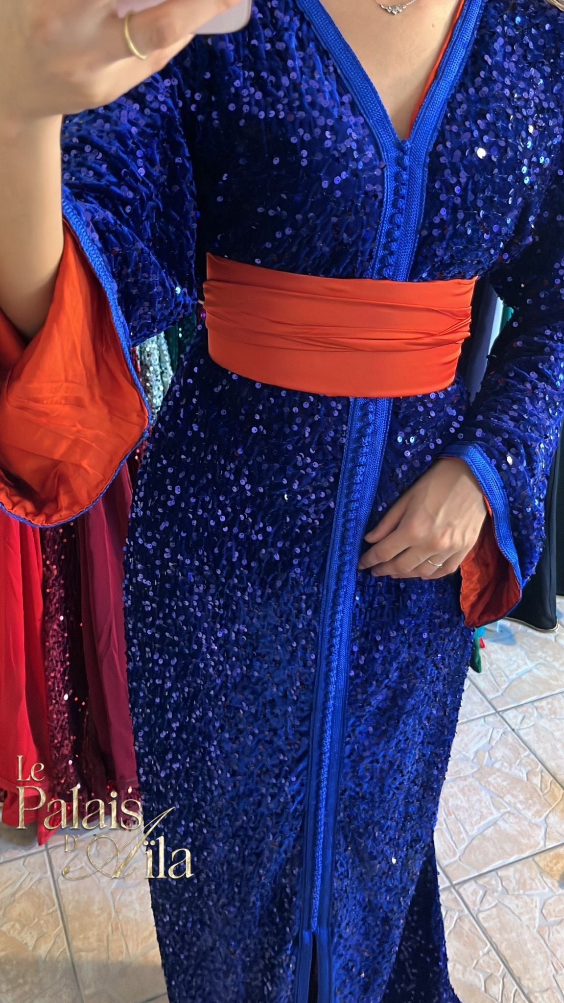 CAFTAN SEQUIN BLEU ROI DOUBLÉ ORANGE