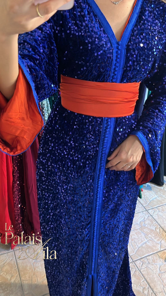 CAFTAN SEQUIN BLEU ROI DOUBLÉ ORANGE