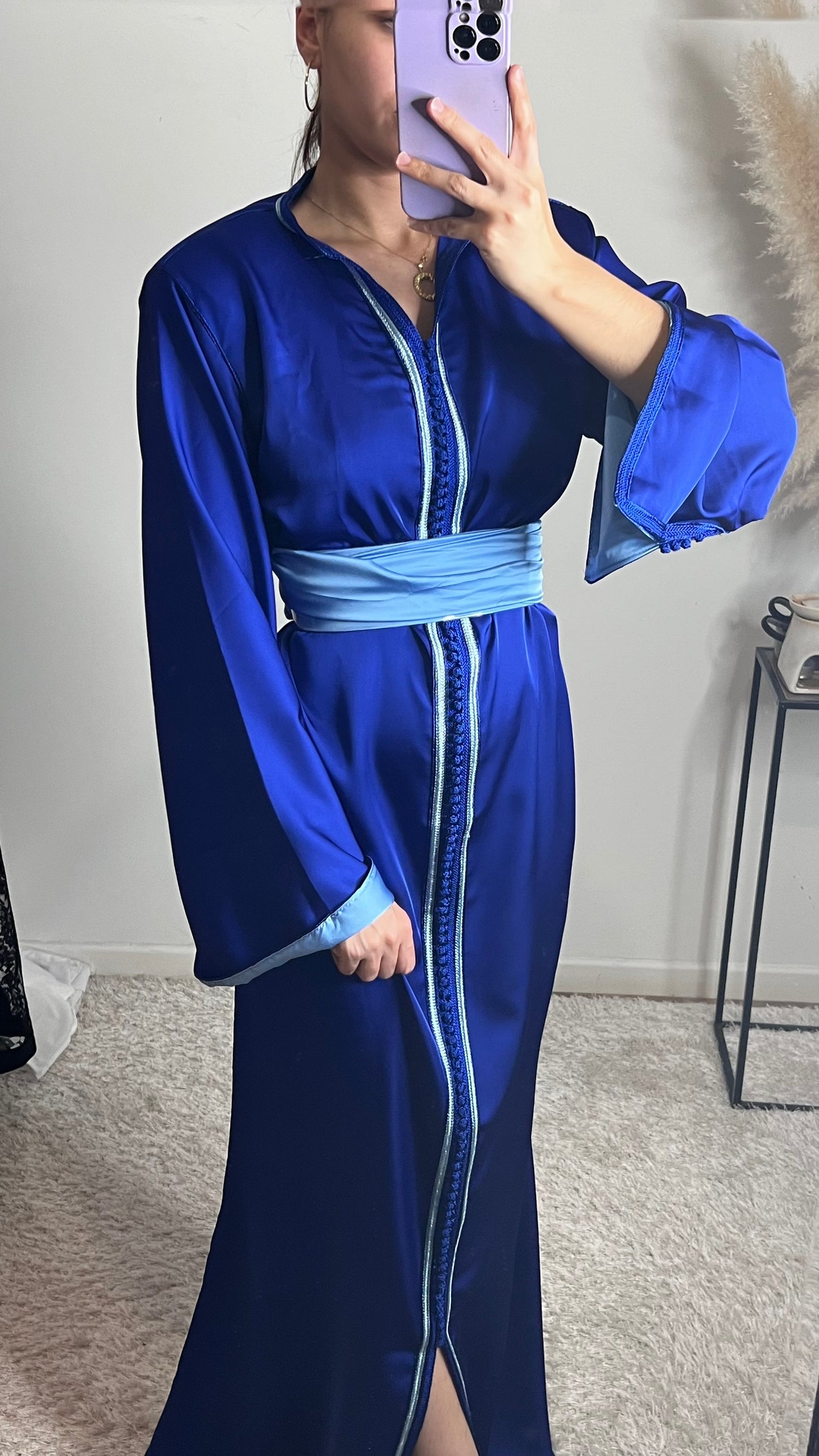 CAFTAN SATIN BLEU DOUBLÉ BLEU CIEL