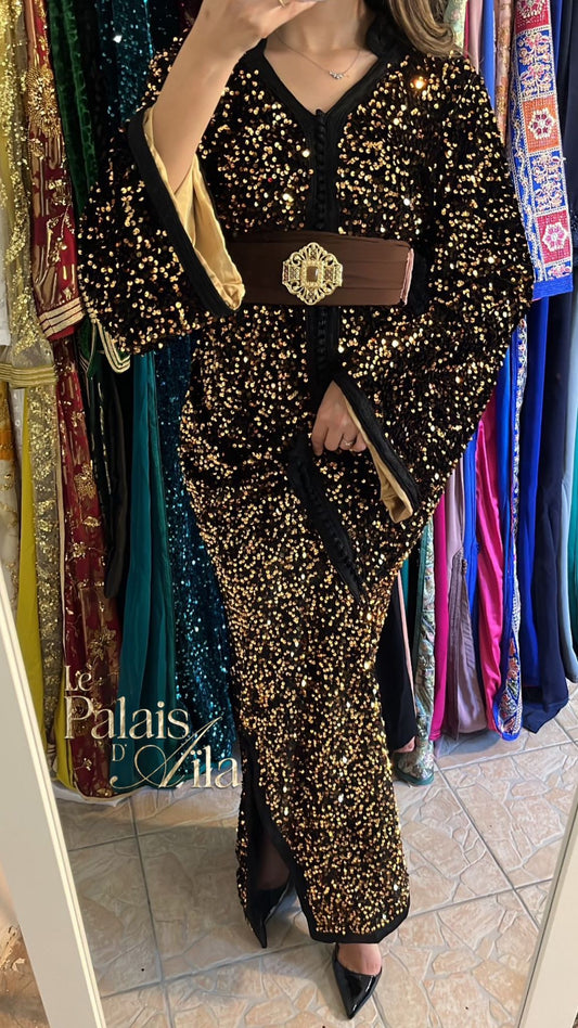 CAFTAN SEQUIN DORÉ DOUBLÉ BEIGE