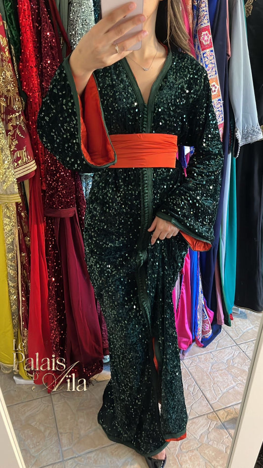 CAFTAN SEQUIN VERT DOUBLÉ ORANGE