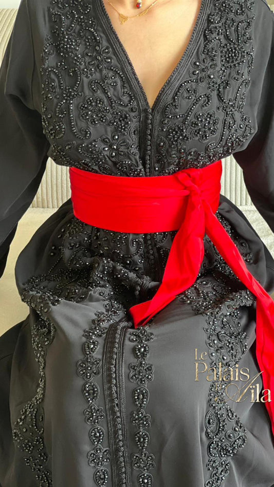 CAFTAN PERLÉ NOIR DOUBLÉ ROUGE