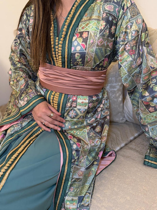 TEKCHETA SARI VERT DOUBLÉ ROSE