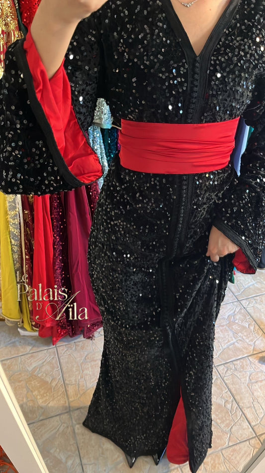 CAFTAN SEQUIN NOIR DOUBLÉ ROUGE