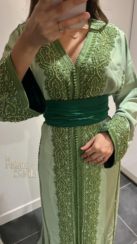 CAFTAN PERLÉ VERT D’EAU DOUBLÉ VERT FONCÉ