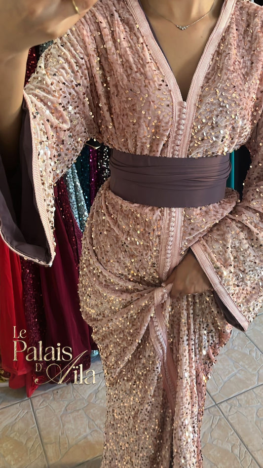 CAFTAN SEQUIN ROSE DOUBLÉ TAUPE