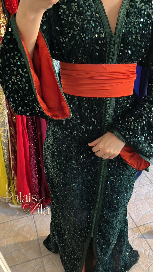 CAFTAN SEQUIN VERT DOUBLÉ ORANGE