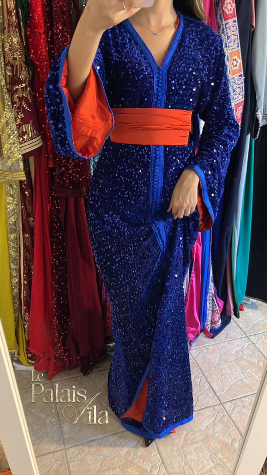 CAFTAN SEQUIN BLEU ROI DOUBLÉ ORANGE
