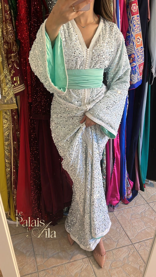 CAFTAN SEQUIN BLANC DOUBLÉ VERT D’EAU