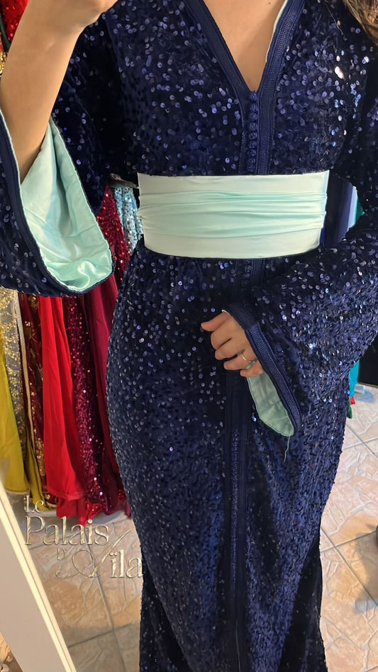CAFTAN SEQUIN BLEU NUIT DOUBLÉ BLEU CIEL