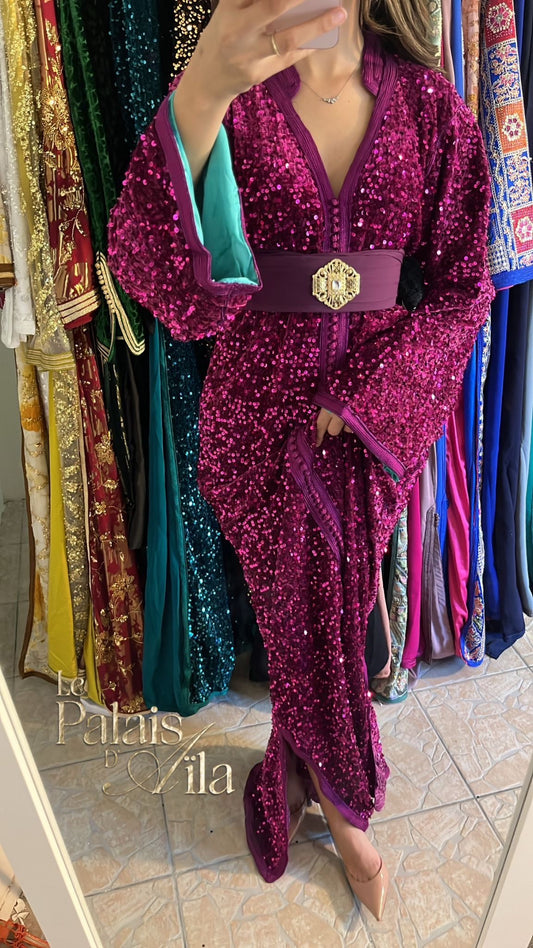 CAFTAN SEQUIN VIOLET DOUBLÉ TURQUOISE