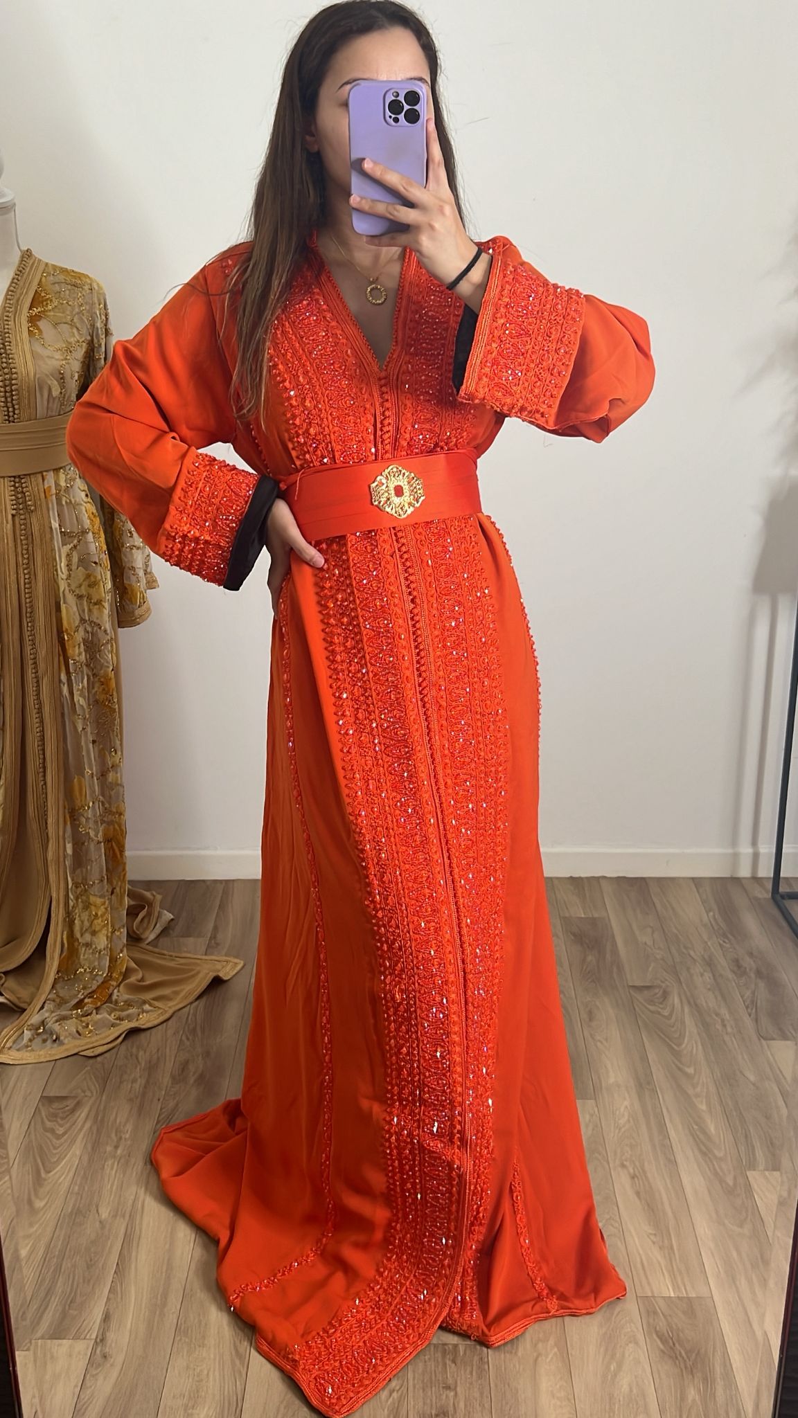 Caftan perlé orange doublé noir