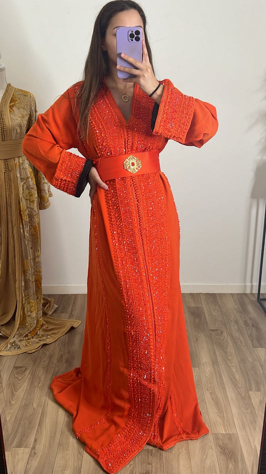 Caftan perlé orange doublé noir