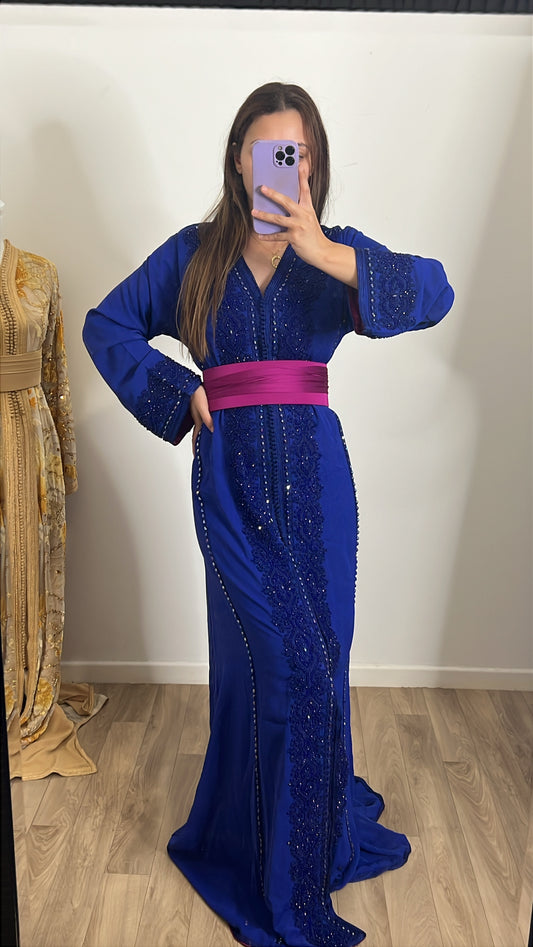 CAFTAN PERLÉ BLEU ROI DOUBLÉ PRUNE
