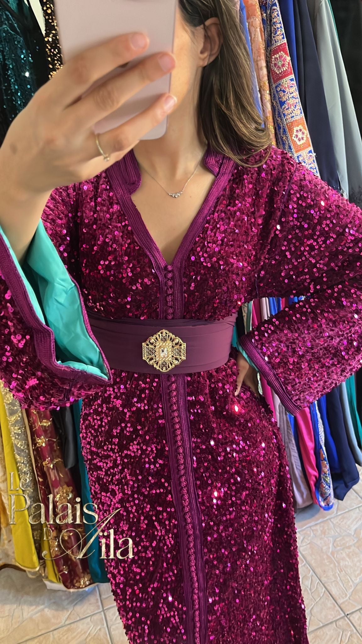 CAFTAN SEQUIN VIOLET DOUBLÉ TURQUOISE