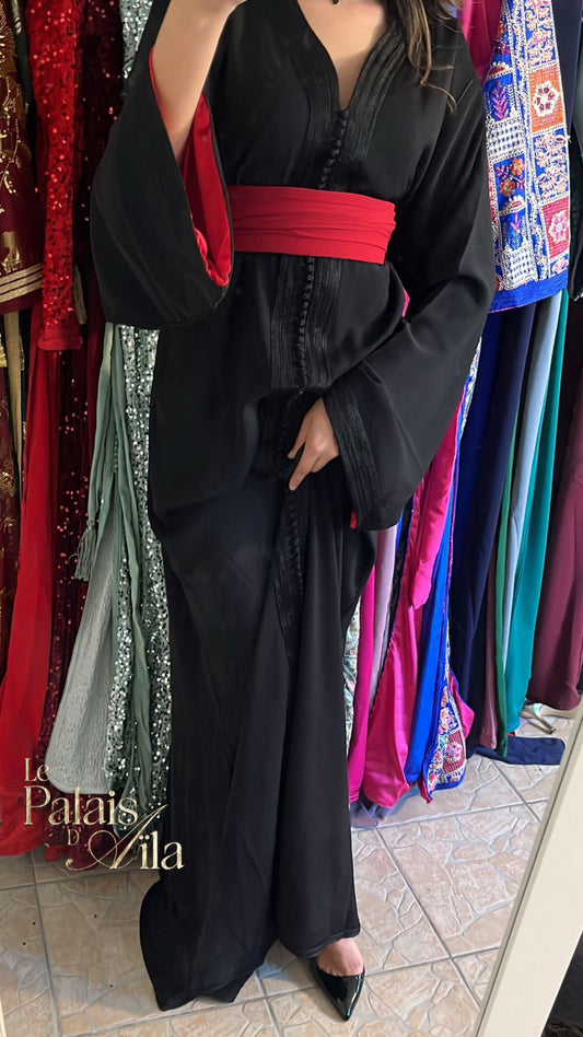 CAFTAN NOIR DOUBLÉ ROUGE