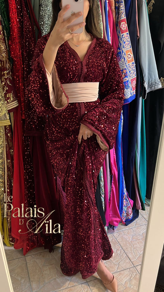 CAFTAN SEQUIN BORDEAUX DOUBLÉ NUDE