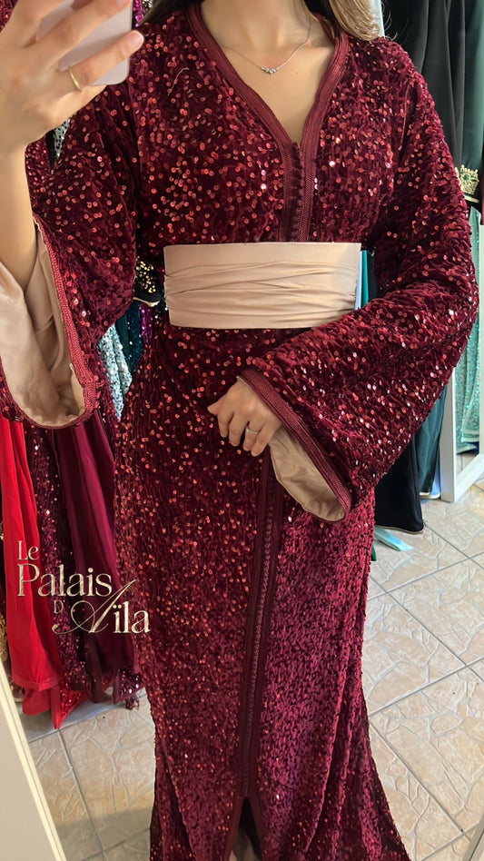 CAFTAN SEQUIN BORDEAUX DOUBLÉ NUDE